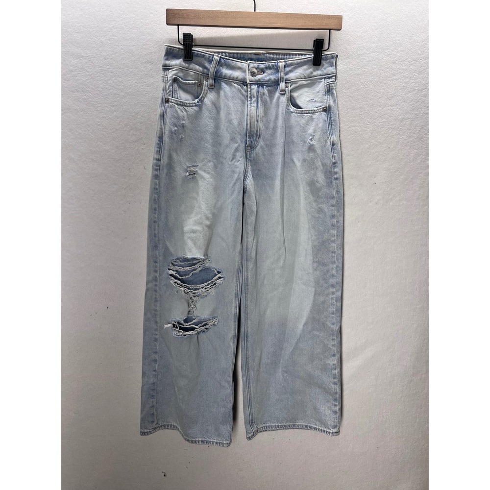 American Eagle Baggy Jeans Womens‎ 0 Short Light Wash Distressed Wide Leg 3272